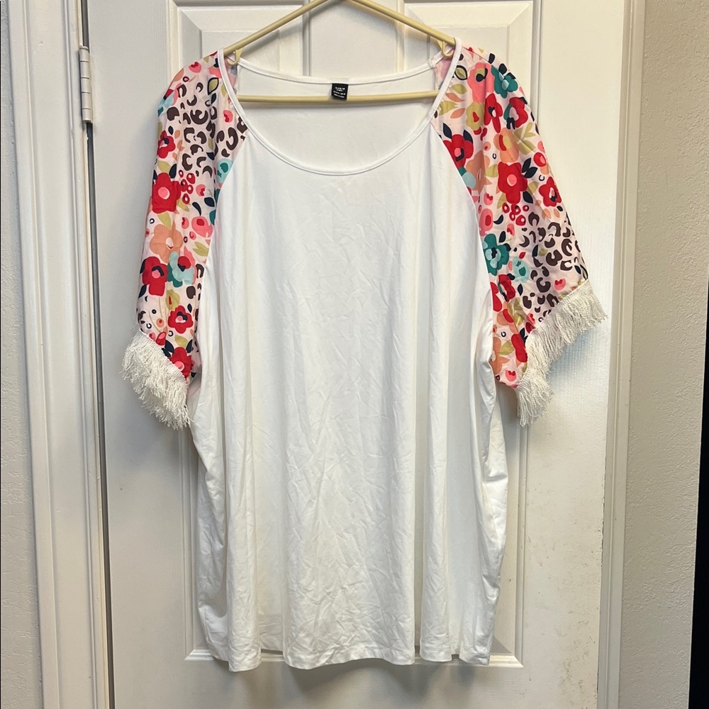 SHEIN White Top with BRIGHT Floral Sleeves 8X